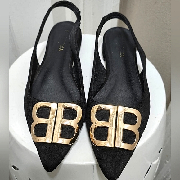 Balenciaga BB Velvet Slingback Pointy Toe Black Flats - Picture 3 of 10